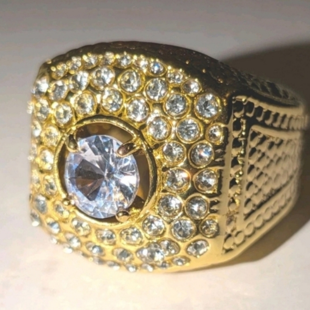 Mens 3ct Round Cut Moissanite Prong  14k Yellow Gold Plated Ring Sz  10